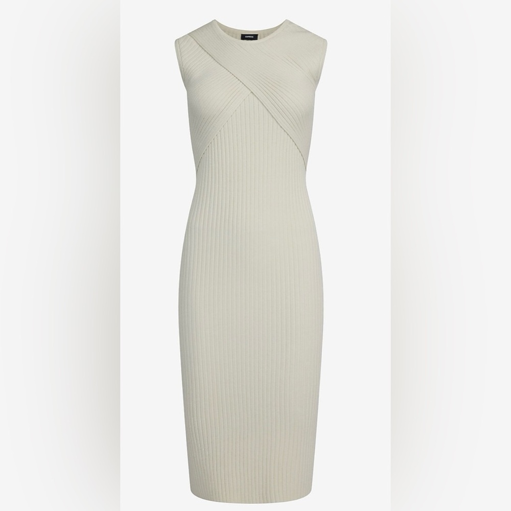NWT! Express Ribbed Crew Neck Crossover Sleeveless Midi Sweater Dress - Picture 4 of 9